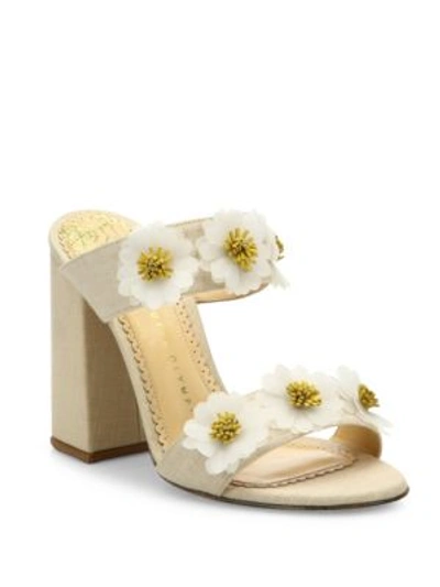 Charlotte Olympia Rosette Floral-embroidered Linen Block Heel Mules In Natural