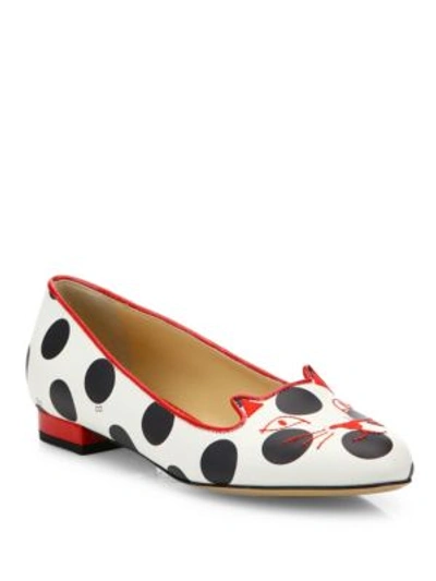 Shop Charlotte Olympia Kitty Polka Dot Leather Flats In White-red