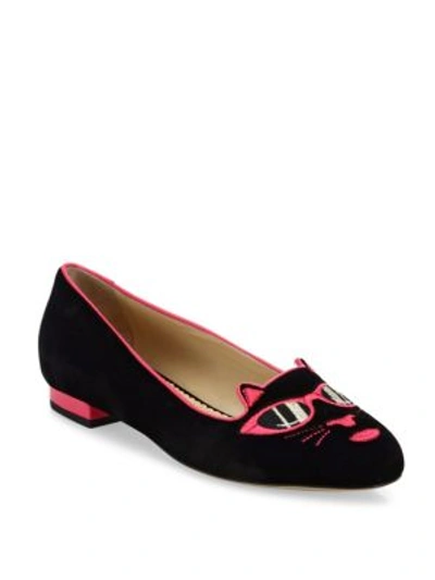 Shop Charlotte Olympia Barbie® Pretty In Pink Kitty Velvet Flats In Black