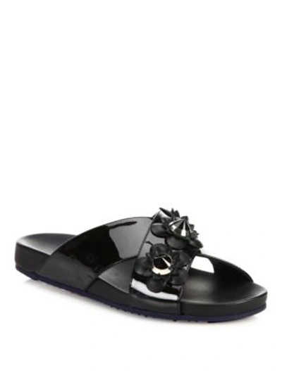 Shop Fendi Flowerland Embellished Patent Leather Crisscross Slides In Black