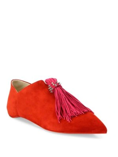 Shop Christian Louboutin Medinana Suede Fringe Flats In Red-pink