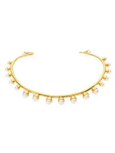 Shop Tory Burch Faux-pearl Bud Collar Necklace In Ivory-gold
