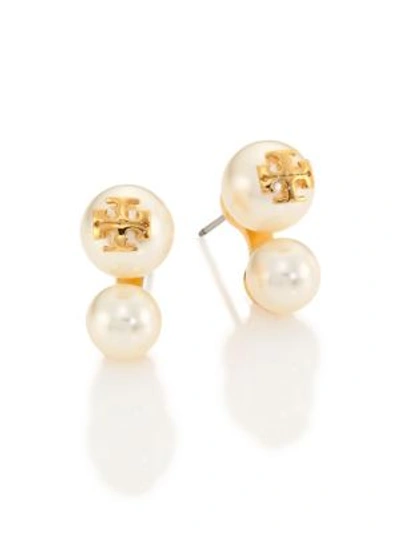 Shop Tory Burch Crystal Pearl Double-stud Earrings In Gold-ivory