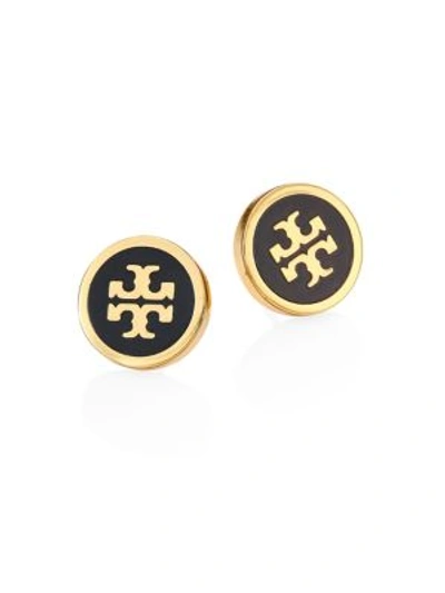 Shop Tory Burch Lacquered Logo Stud Earrings In Black
