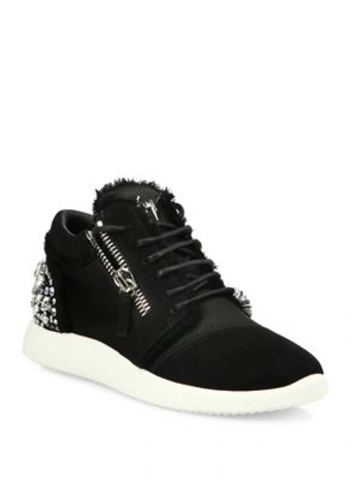 Shop Giuseppe Zanotti Crystal-embellished Suede & Satin Side-zip Sneakers In Black