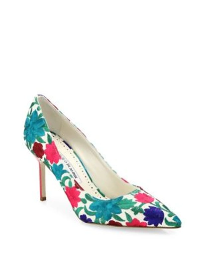 Manolo Blahnik Bb Floral-embroidered Pumps In Blue