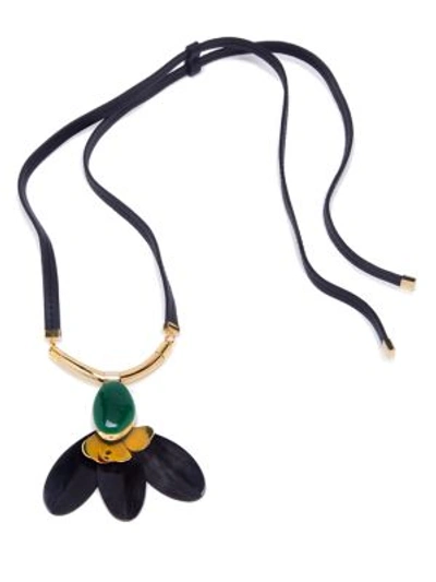 Marni Petal Horn & Leather Pendant Necklace In Navy