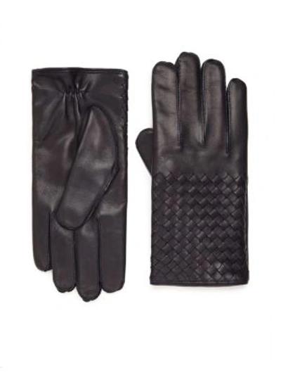 Bottega Veneta Leather Gloves In Navy