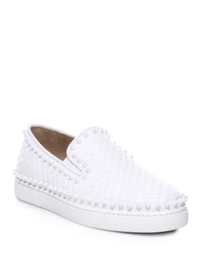 Shop Christian Louboutin Pik Boat Scallop-embossed Leather Skate Sneakers In White