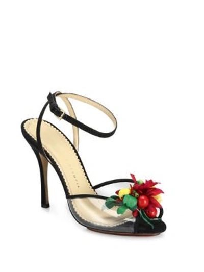 Shop Charlotte Olympia Tropicana Embellished Satin & Pvc Peep-toe Sandals In Black-multi