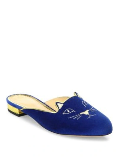 Shop Charlotte Olympia Kitty Velvet Mules In Dark Blue