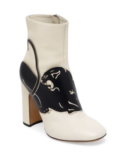 Shop Valentino Panther Leather Block Heel Booties In Ivory