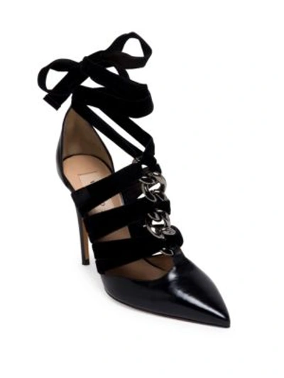 Shop Valentino Leather & Velvet Rope Ankle-wrap Pumps In Black