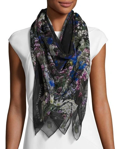 Alexander Mcqueen Wild Meadow Square Silk Scarf, Black/white