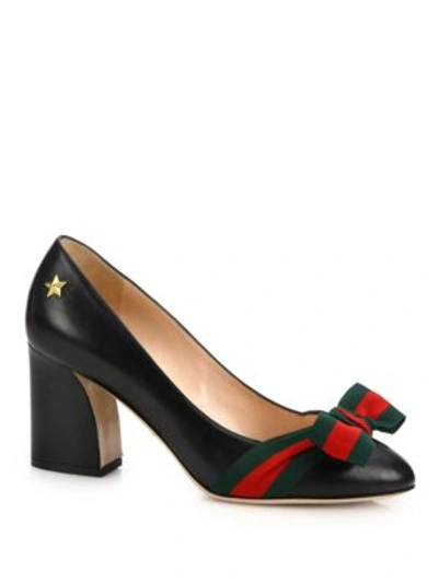 Shop Gucci Aline Grosgrain Bow & Leather Block Heel Pumps In Black