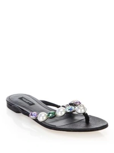 Dolce & Gabbana Jeweled Leather Thong Sandals In Black
