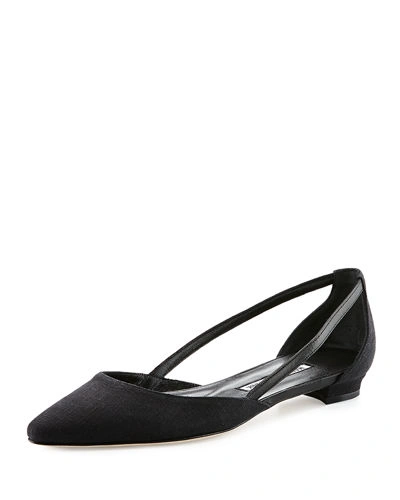 Manolo Blahnik Saxti Flat Cut Out Linen Ski In Black