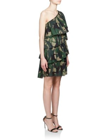 Shop Sonia Rykiel Ruffled One-shoulder Camo Dress In Green