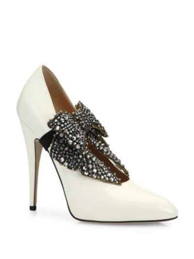Shop Gucci Elaisa Removable Crystal Bow & Leather Point Toe Pumps In White