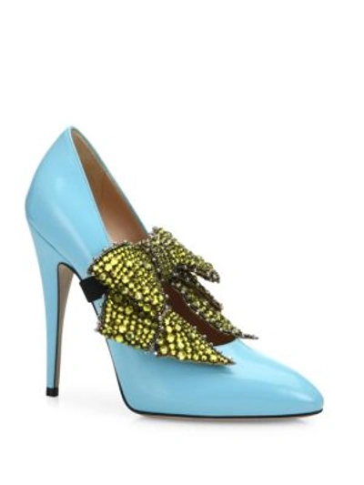 Shop Gucci Elaisa Removable Crystal Bow & Leather Point Toe Pumps In Light Blue