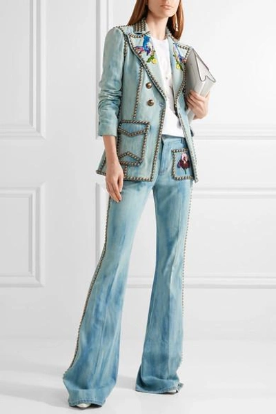 Shop Gucci Studded Embroidered Denim Blazer In Mid Denim