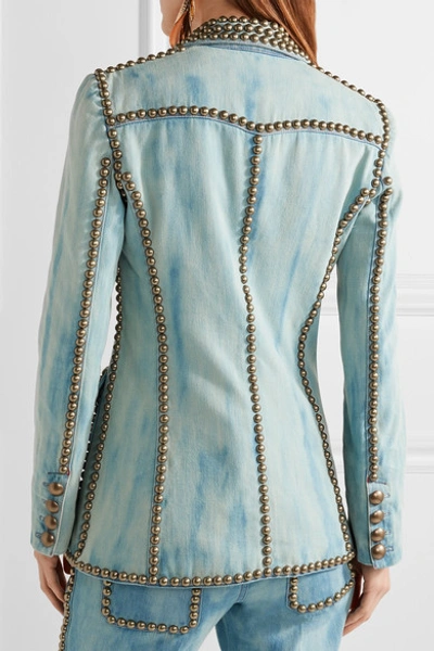 Shop Gucci Studded Embroidered Denim Blazer In Mid Denim