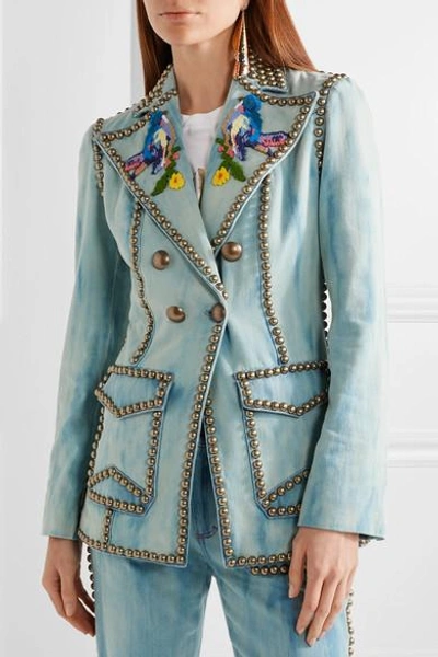 Shop Gucci Studded Embroidered Denim Blazer In Mid Denim