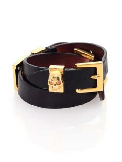 Alexander Mcqueen Leather Three-row Wrap Bracelet In Black-gold