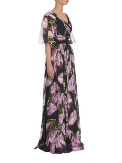Dolce & Gabbana Flounce-sleeve Floral Silk Chiffon Gown In Black Print
