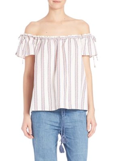 Elle Sasson Poppy Silk Off-the-shoulder Blouse In Ravello Red And Blue Stripe Print