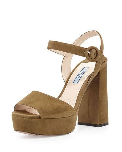 Prada Suede Platform Ankle-strap Sandal In Green