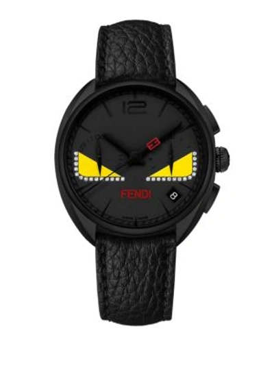 Shop Fendi Momento  Bug Chronograph Diamond, Black Pvd Stainless Steel & Leather Strap Watch In Black-yellow