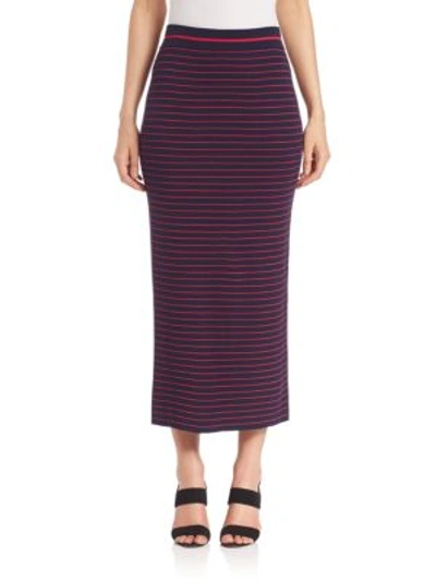 Shop Tanya Taylor Striped Rib-knit Midi Skirt In Midnight-fuchsia