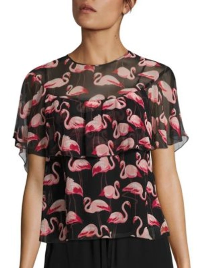 Shop Red Valentino Flamingo-print Silk Ruffle Blouse In Black