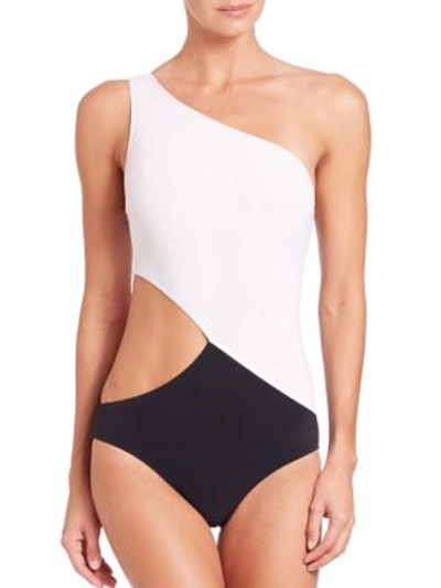 Shop Araks One-piece Elmar Asymmetrical Swimsuit In Black-white