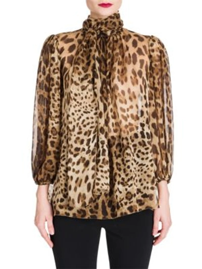 Shop Dolce & Gabbana Leopard Print Chiffon Tie-neck Blouse In Natural Leopard