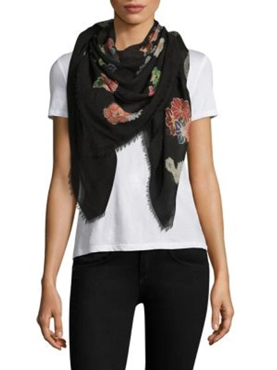 Shop Saint Laurent Floral Wool Scarf In Black-multi