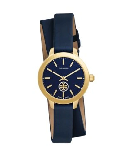 Shop Tory Burch Collins Goldtone Stainless Steel & Leather Double-wrap Strap Watch/navy