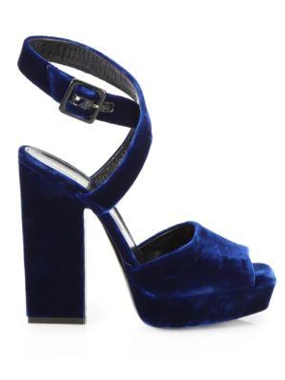 Shop Saint Laurent Debbie Velvet Platform Sandals In Blue