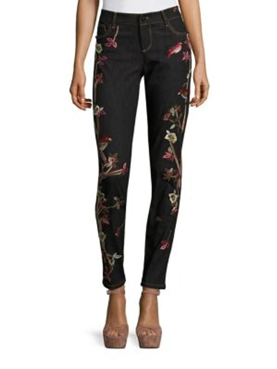 Shop Alice And Olivia Jane Embroidered Skinny Jeans In Washed Black Multi