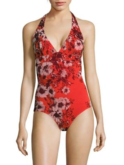 Jean Paul Gaultier Vintage Floral Printed One-piece Swimsuit In Red Flame