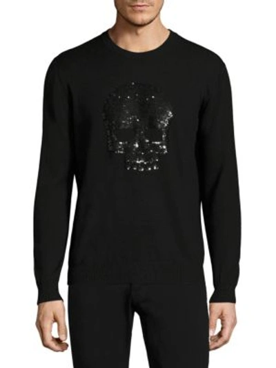 Markus Lupfer Sequin Skull Printed Merino Wool Sweater In Black