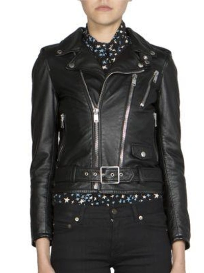 Shop Saint Laurent Blood Luster Leather Moto Jacket In Black