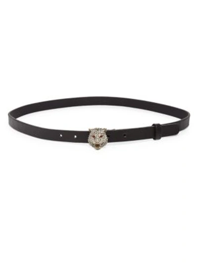 Shop Gucci Crystal Tiger Head Leather Belt In Black Diamond