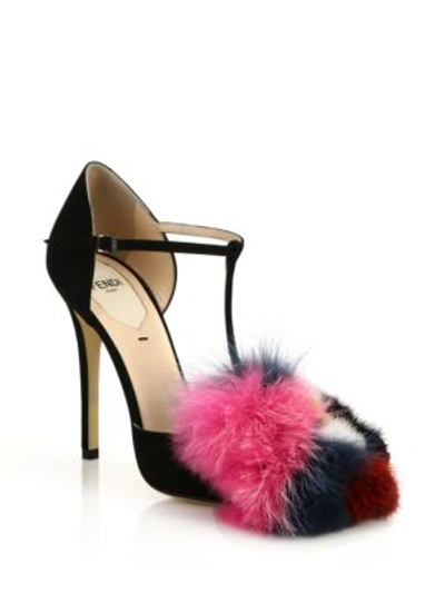 Shop Fendi Suede, Mink & Fox Fur T-strap Sandals In Black-multi