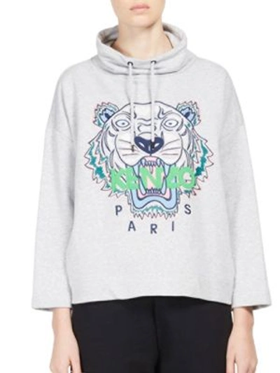 Shop Kenzo Embroidered Tiger Icon Funnelneck Cotton Sweatshirt In Pale Grey