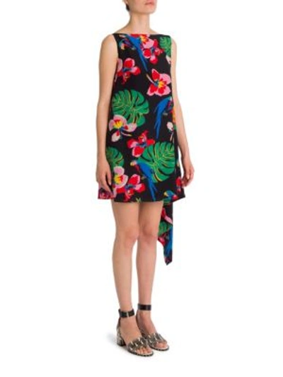 Shop Valentino Tropical Dream Drape-back Silk Dress In Nero Multi