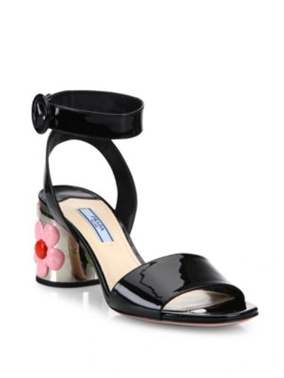 Prada Flower-heel Patent Leather Ankle-strap Sandals In Black