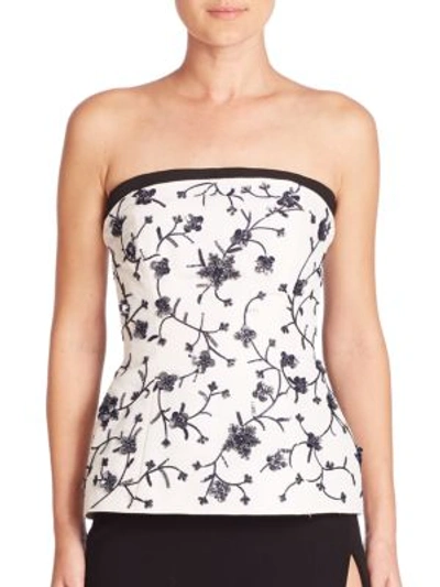 Monique Lhuillier Strapless Embroidered Peplum Top W/ Train, White/black