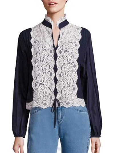 See By Chloé Long-sleeve Pintucked Lace-trim Blouse, Navy